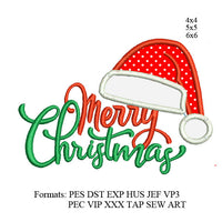 Merry Christmas text with applique Santa hat Embroidery design, embroidery machine, k1144, instant download