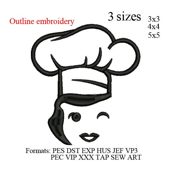 Woman kitchen Chef with Hat outline embroidery design, Chef hat embroidery machine, k1050 , instant download