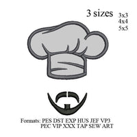 Chef hat applique kitchen chef embroidery design, Chef hat chef cap with mustache and beard applique embroidery machine, k1157