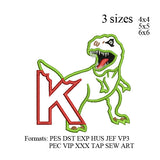 T-rex dinosaur Applique Embroidery design,Dinosaur biting a K design,terex embroidery design,t rex embroidery design,N3011