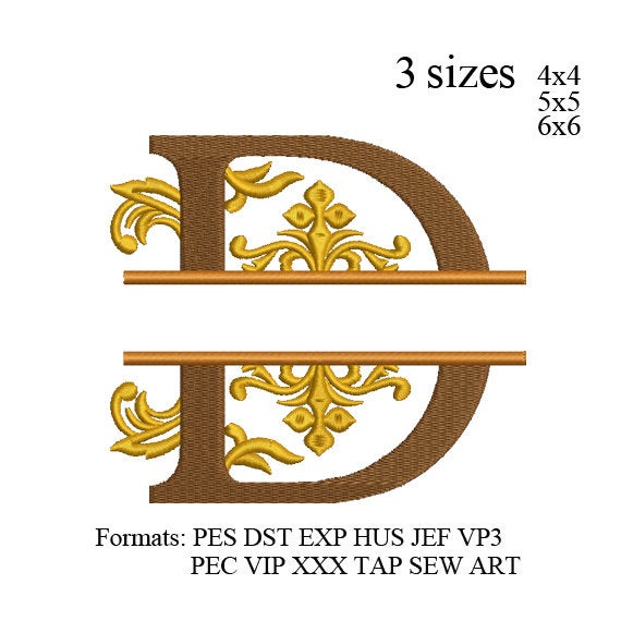 monogram letter D embroidery design,split letter D embroidery pattern 3 sizes No 781 , instant download