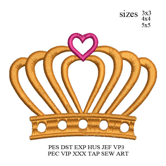 Crown with heart Embroidery design,tiara fill stitches embroidery machine princess tiara embroidery,embroidery crown, k1219