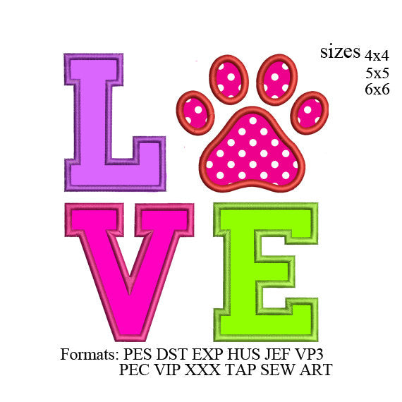 paw love applique embroidery design,paw embroidery design,paw print applique embroidery pattern,applique paw,applique love,No 3058