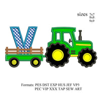 tractor pulling V embroidery design,Tractor applique embroidery design,birthday embroidery design,embroidery designs tractor,K1387
