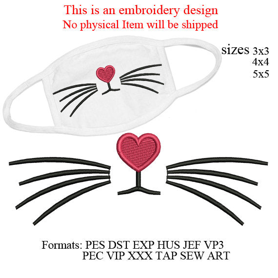 cat face mask embroidery Design,cat embroidery Design,Machine embroidery design,cute kitten Mask,heart nose cat embroidery,cat whiskers,3034